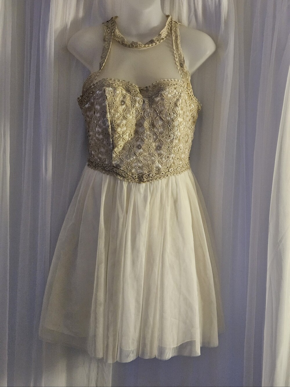 Sparkling Beige Lace White Tulle Embroidered Halter Dress